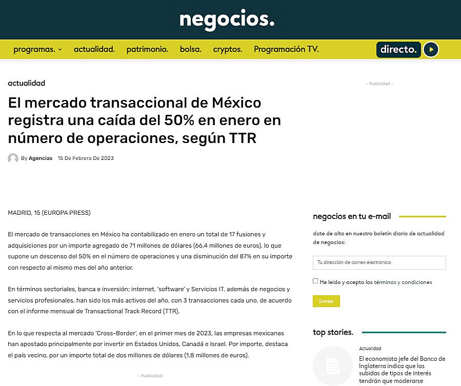 El mercado transaccional de Mxico registra una cada del 50% en enero en nmero de operaciones, segn TTR